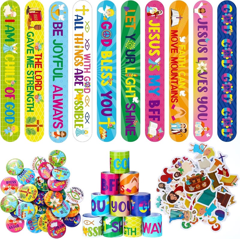 Frienda 110 Pcs Christian Gifts Set - Religious Slap Bracelets, Bible Verse Stickers, and Button Pins - Image 1