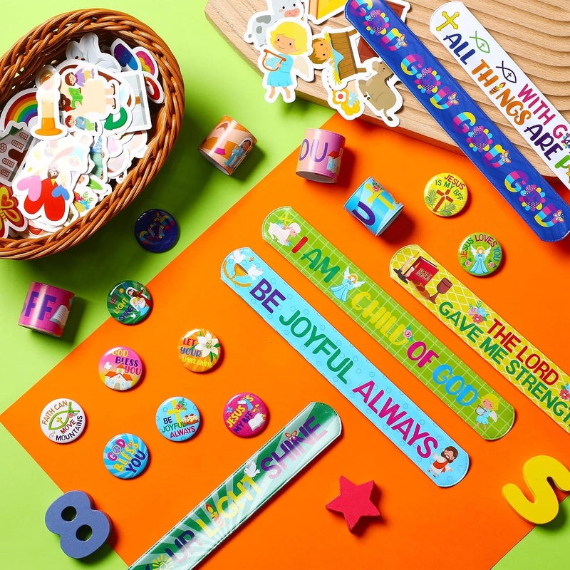 Frienda 110 Pcs Christian Gifts Set - Religious Slap Bracelets, Bible Verse Stickers, and Button Pins - Image 4