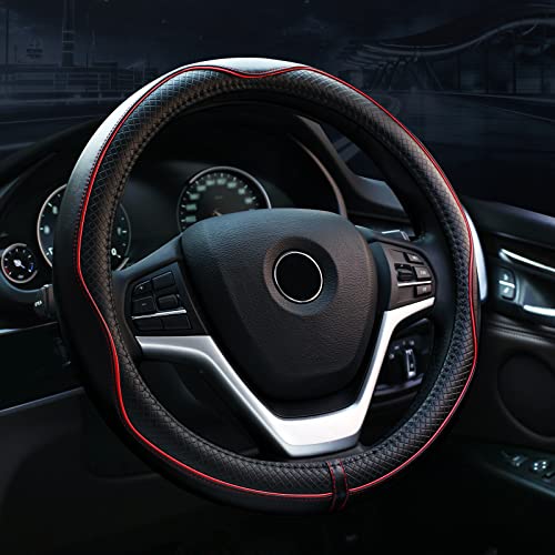 Valleycomfy Steering Wheel Covers Universal 15 inch - Genuine Leather, Breathable, Anti Slip & Odor Free (Black with Red Lines, M(14" 1/2-15" 1/4)) - Image 1