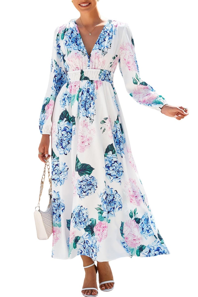 Maxigerui Women's Long Sleeve Floral Maxi Dress 2026 Spring Summer Wedding Guest Dress Hydrangea Pink Blue Print L - Image 1