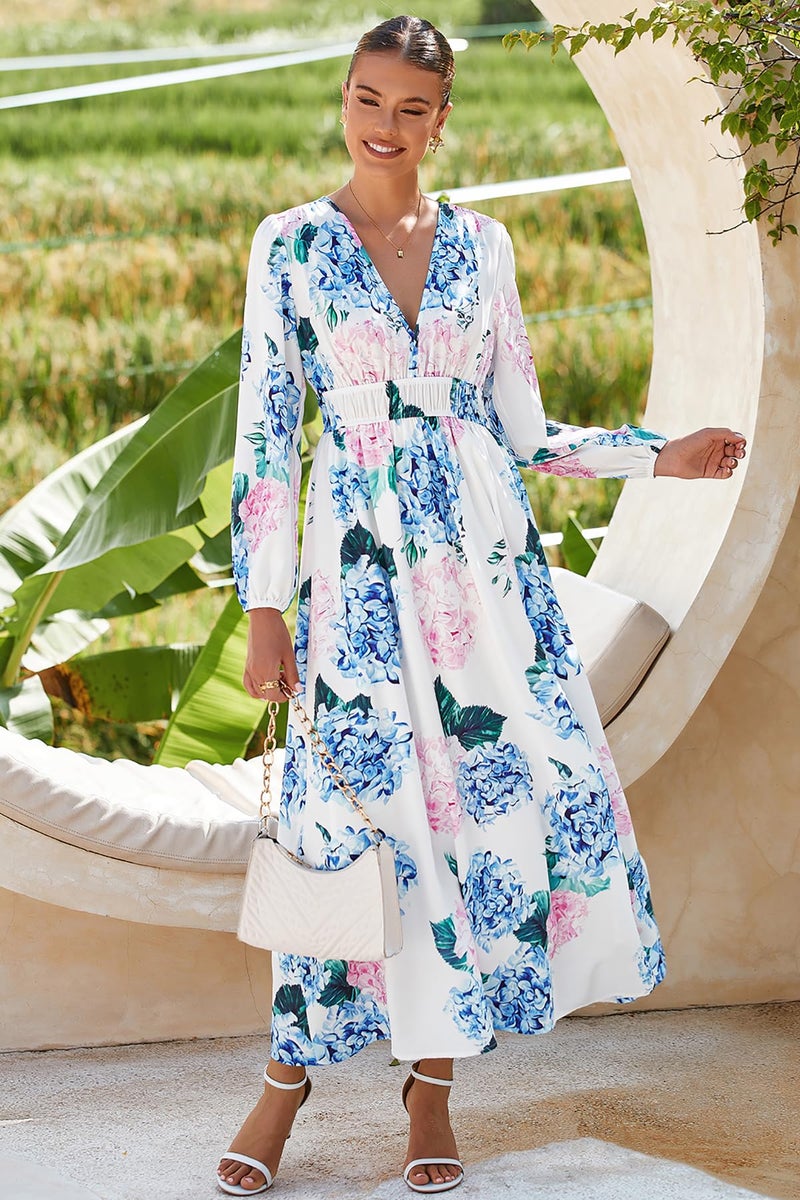 Maxigerui Women's Long Sleeve Floral Maxi Dress 2026 Spring Summer Wedding Guest Dress Hydrangea Pink Blue Print L - Image 4
