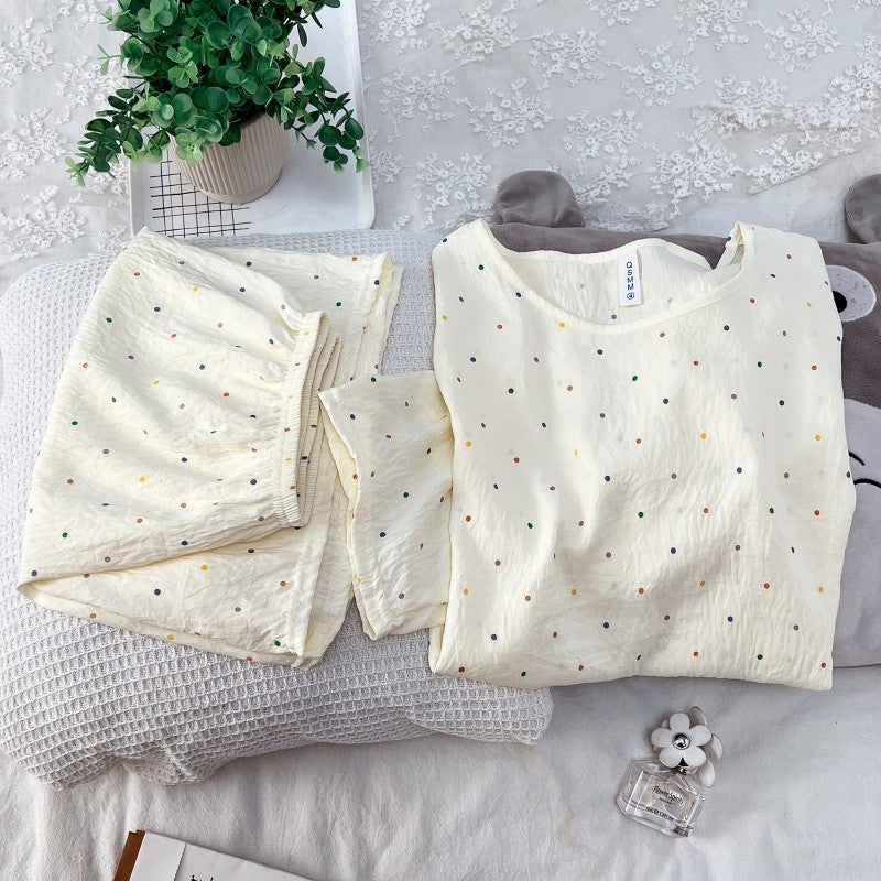 Cartoon Sweet Pajamas for Women Summer Cloud Cotton Short-Sleeved Shorts Girls Round Neck Summer Wearable Home Clothes Set Colorful wave dots [short-sleeved shorts]