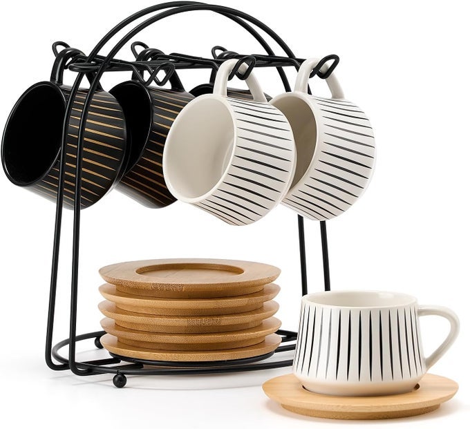 CERAMIC COFFEE ESPRESSO CUPS WITH SAUCERS SET WITH METAL HOLDER 4 OZ PORCELAIN DEMITASSE CUPS FOR ESPRESSO LATTE COFFEE CAFE MOCHA TEA SET OF 6 STRIPE WHITE BLACK
