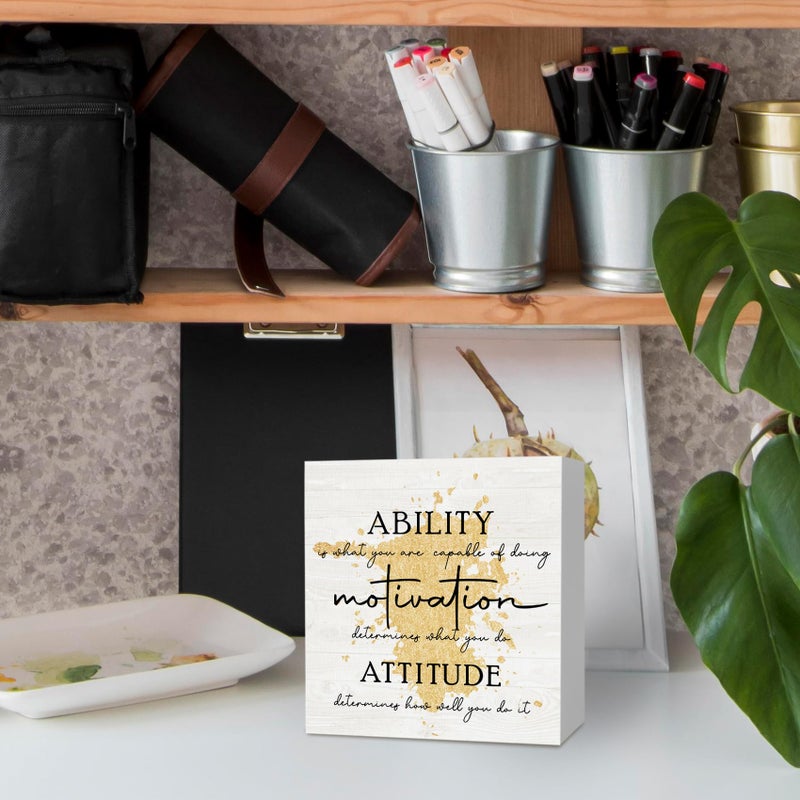 KFXHANGD Gold Office Inspirational Quotes Wooden Box Sign Desk Decor, Ability Motivation Attitude Decorative Signs, Motivational Home Shelf Desk Decor 5x5 Inch - Image 4