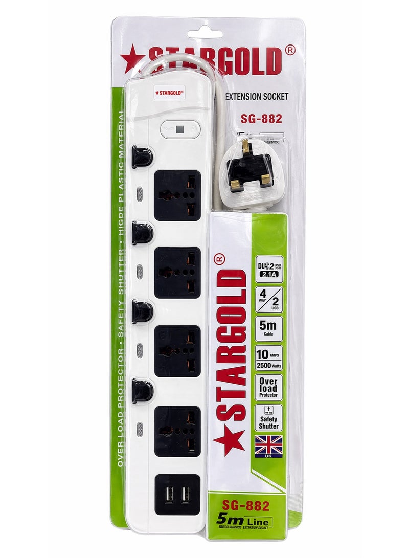 STARGOLD SG-882 Extension Socket 4 Way Power Strip with 2 USB Ports (2.1A), 5M Long Cable, Universal Multi Plug, Overload Protection, Safety Shutter, Heavy Duty Extension Board for Home & Office, 2500W 10A