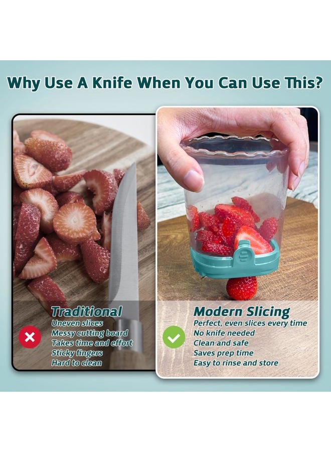 ANSOTHIN Fruit Slicer Cup, Strawberry Slicer Cup for Fruits and Vegetables Strawberry Cutter With Removable Blades & Food Push Plate (Dark Blue) - Image 3