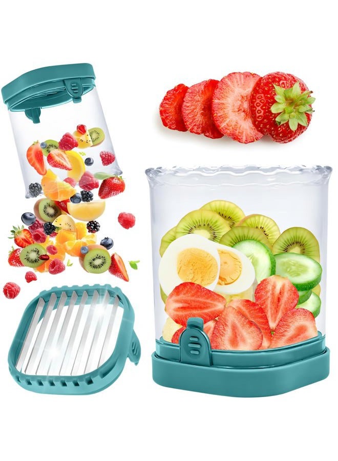 ANSOTHIN Fruit Slicer Cup, Strawberry Slicer Cup for Fruits and Vegetables Strawberry Cutter With Removable Blades & Food Push Plate (Dark Blue) - Image 1