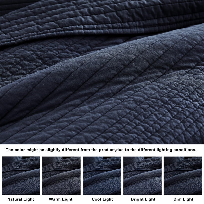 palassio Striped Navy Blue 100% Cotton Quilt Queen Size Bedding Sets, Lightweight Crinkly Channel Pick Stitch Textured Bedspread Soft Shabby Chic Farmhouse Country Coverlet for All Season, 2 Shams - Image 5