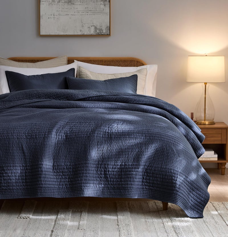 palassio Striped Navy Blue 100% Cotton Quilt Queen Size Bedding Sets, Lightweight Crinkly Channel Pick Stitch Textured Bedspread Soft Shabby Chic Farmhouse Country Coverlet for All Season, 2 Shams - Image 1