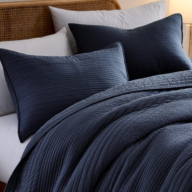 palassio Striped Navy Blue 100% Cotton Quilt Queen Size Bedding Sets, Lightweight Crinkly Channel Pick Stitch Textured Bedspread Soft Shabby Chic Farmhouse Country Coverlet for All Season, 2 Shams - Image 3