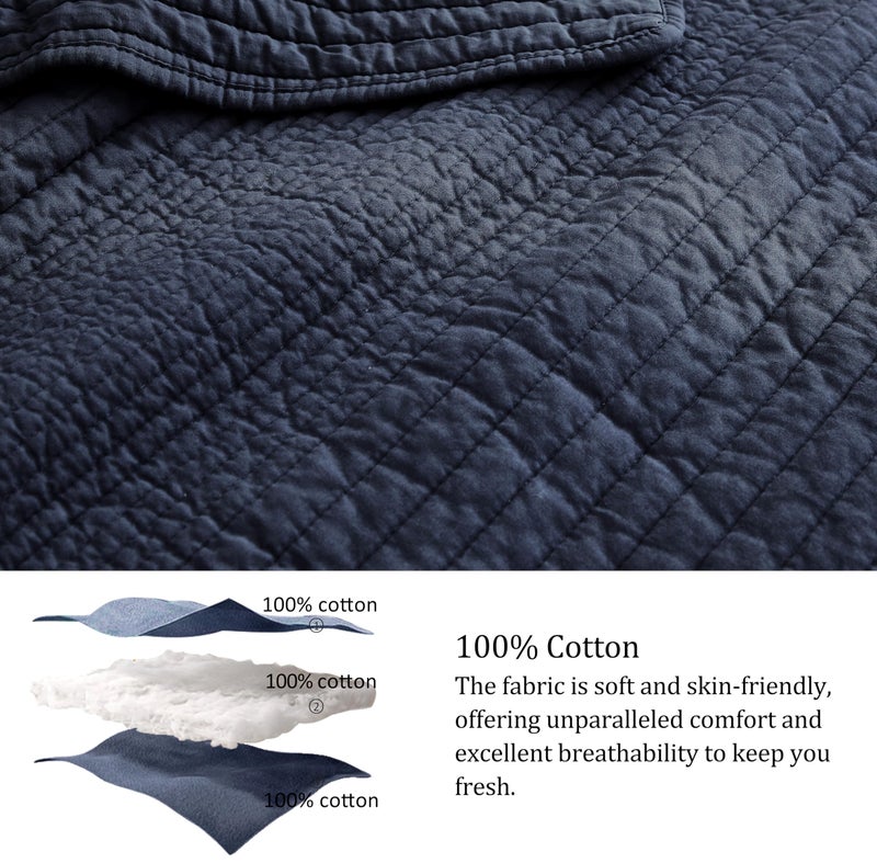 palassio Striped Navy Blue 100% Cotton Quilt Queen Size Bedding Sets, Lightweight Crinkly Channel Pick Stitch Textured Bedspread Soft Shabby Chic Farmhouse Country Coverlet for All Season, 2 Shams - Image 4