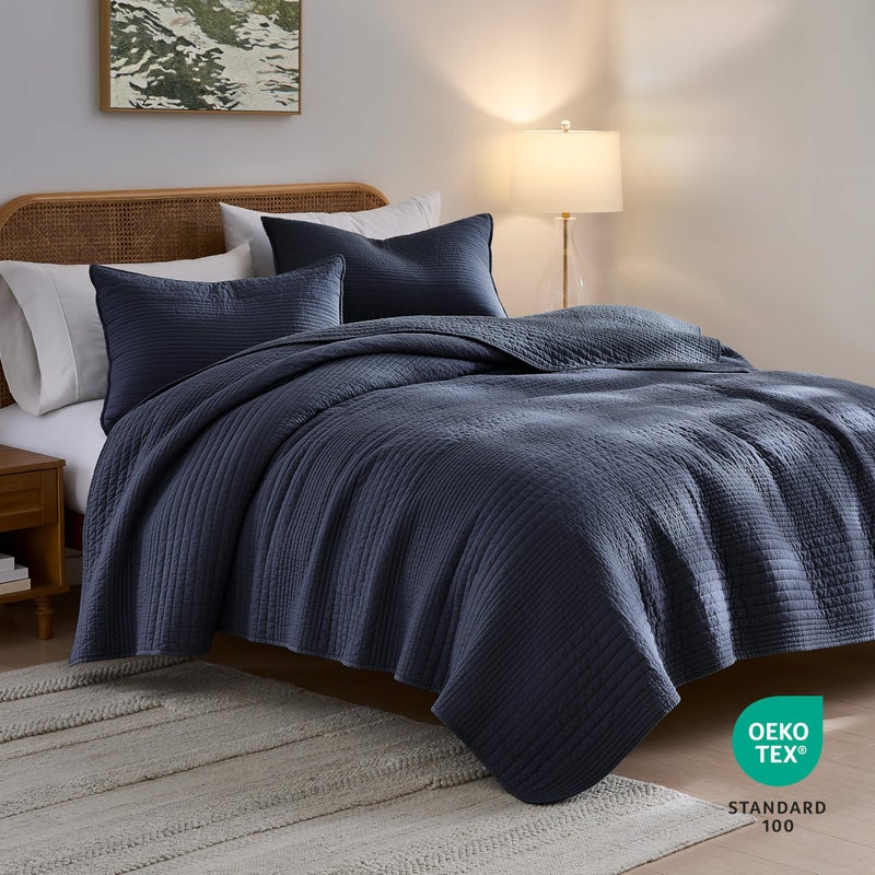 palassio Striped Navy Blue 100% Cotton Quilt Queen Size Bedding Sets, Lightweight Crinkly Channel Pick Stitch Textured Bedspread Soft Shabby Chic Farmhouse Country Coverlet for All Season, 2 Shams - Image 2