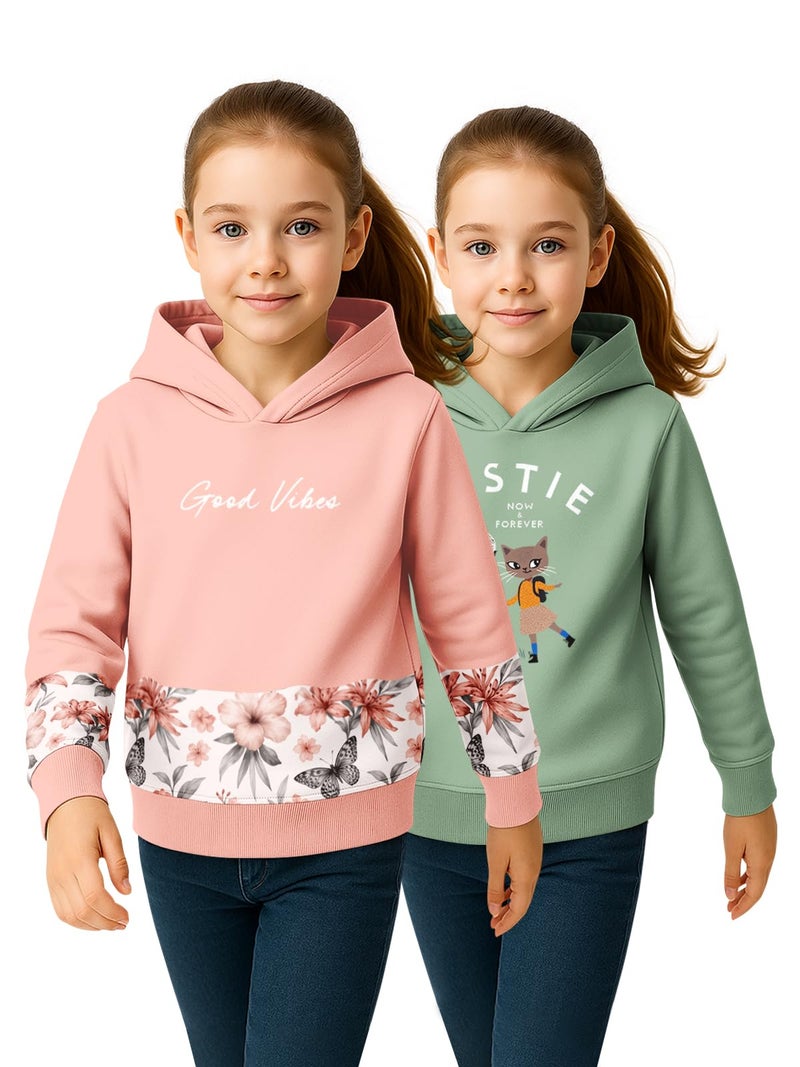 HELLCAT Trendy Cotton Blend Hoodie Sweatshirt for Girls - Pack of 2_Peach, Sea Green_3-4Years - Image 1