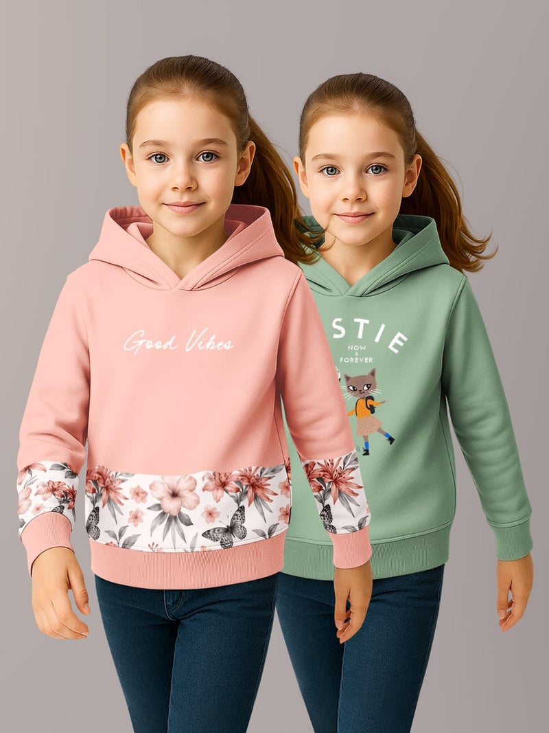 HELLCAT Trendy Cotton Blend Hoodie Sweatshirt for Girls - Pack of 2_Peach, Sea Green_3-4Years - Image 2