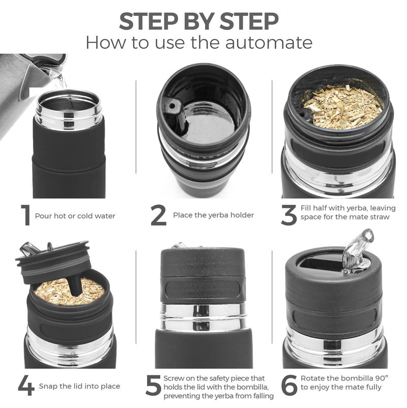 BALIBETOV - New - Stainless Steel Automate - Thermal bottle, Mate Cup and Bombilla All In One - No Need to Refill Every Time You Want to Drink (Black) - Image 5