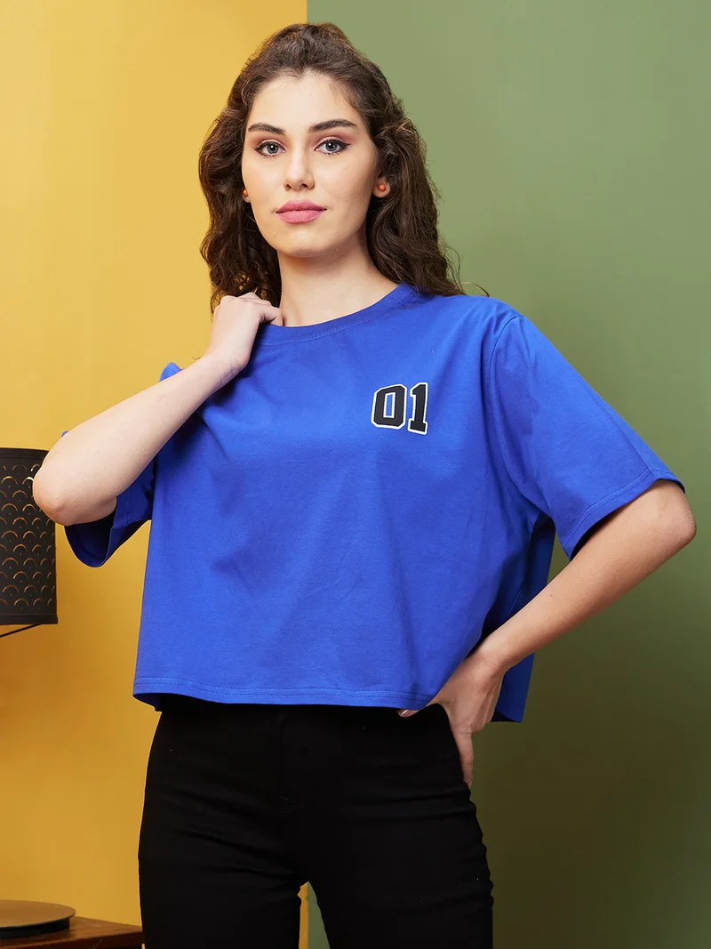 globus Women Blue & Black Typography Printed Boxy Pure Cotton T-Shirt