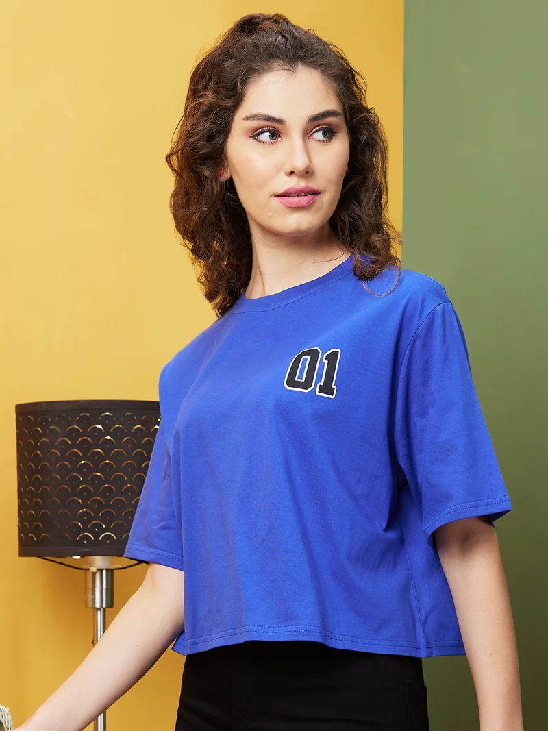 globus Women Blue & Black Typography Printed Boxy Pure Cotton T-Shirt