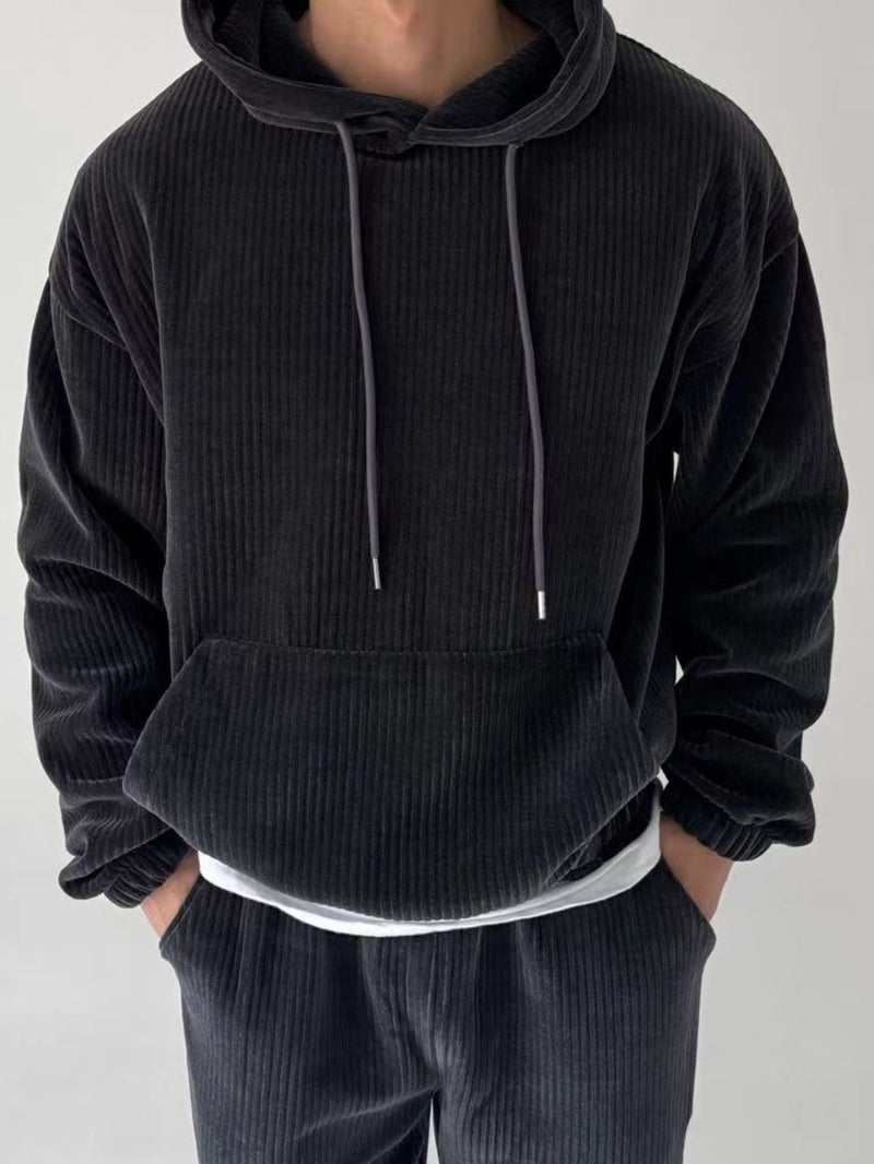 Men's Corduroy Hoodie with Large Pocket Casual Lounge Sweatshirt