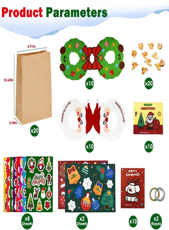 Diteje 20 Pack Card Head,Santa & Wreath Christmas Kits with Bags Tags Bells - Image 2