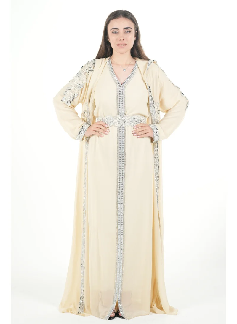AL BENT AL SHARQIEH beige embroidered kaftan dress jalabia for Women | Best Price UAE