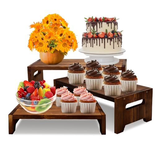 MRPAPA 3 Tier Cupcake Stand & Wood Display Risers,for Food Desserts Stand Perfume Organizer Funko POP Collections, Display Stand for Organizer and Decoration (Dark Brown-Display Riser) - Image 1