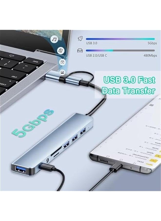 HOOKOR USB Hub 3.0 with 7 Ports, Aluminium USB C to USB 3.0 Hub for MacBook, Mac Pro/Mini, iMac, Ps4, PS5, Surface Pro,Flash Drive, Samsung (Expand USB & Type-C & 3.5mm & SD/TF)  - Image 3