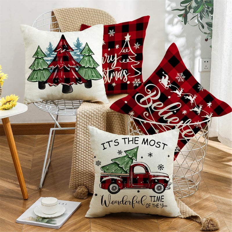 Ni-jasw Farmhouse Truck Truck Trees Choilder Convels Covers 18x18 inch Merry Christmas Believe Red Buffalo Plaid Xmas Holiday Cushion لأغطية أغطية أريكة أريكة سرير من 4 - Image 2