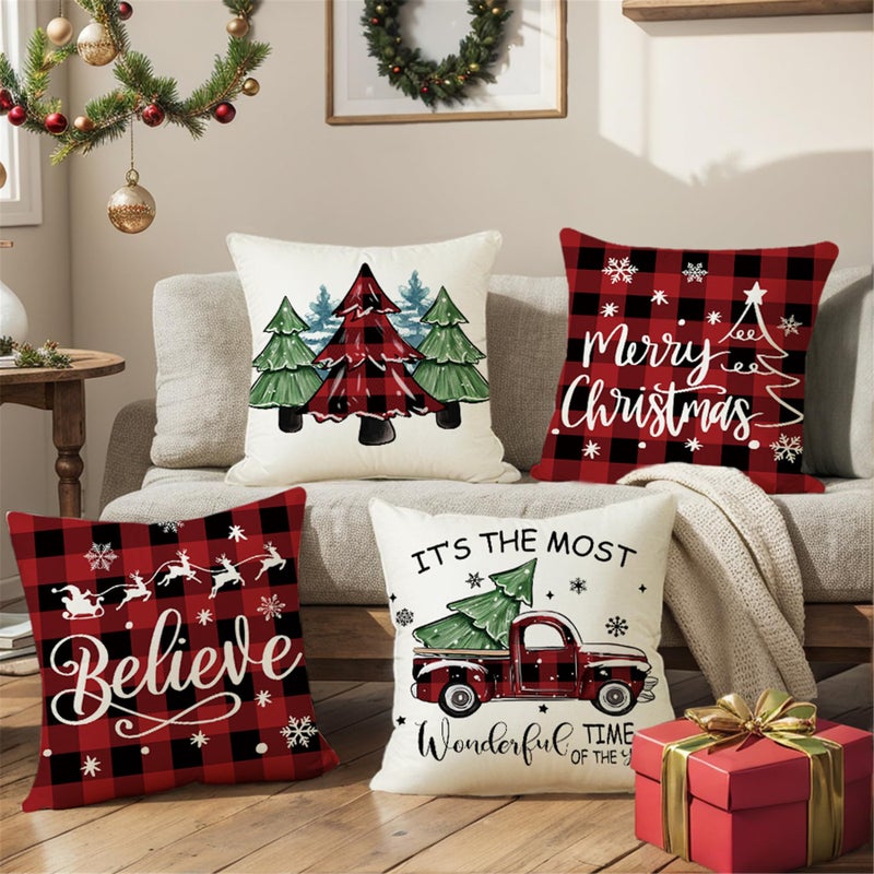 Ni-jasw Farmhouse Truck Truck Trees Choilder Convels Covers 18x18 inch Merry Christmas Believe Red Buffalo Plaid Xmas Holiday Cushion لأغطية أغطية أريكة أريكة سرير من 4 - Image 1