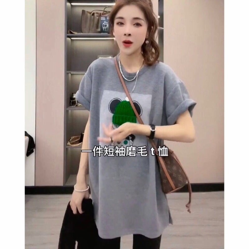 Women'S T-Shirt Thickened Brushed Half-Sleeve T-Shirt Loose Oversized Mid-Length Short-Sleeve Top Women'S Fashion - Image 1