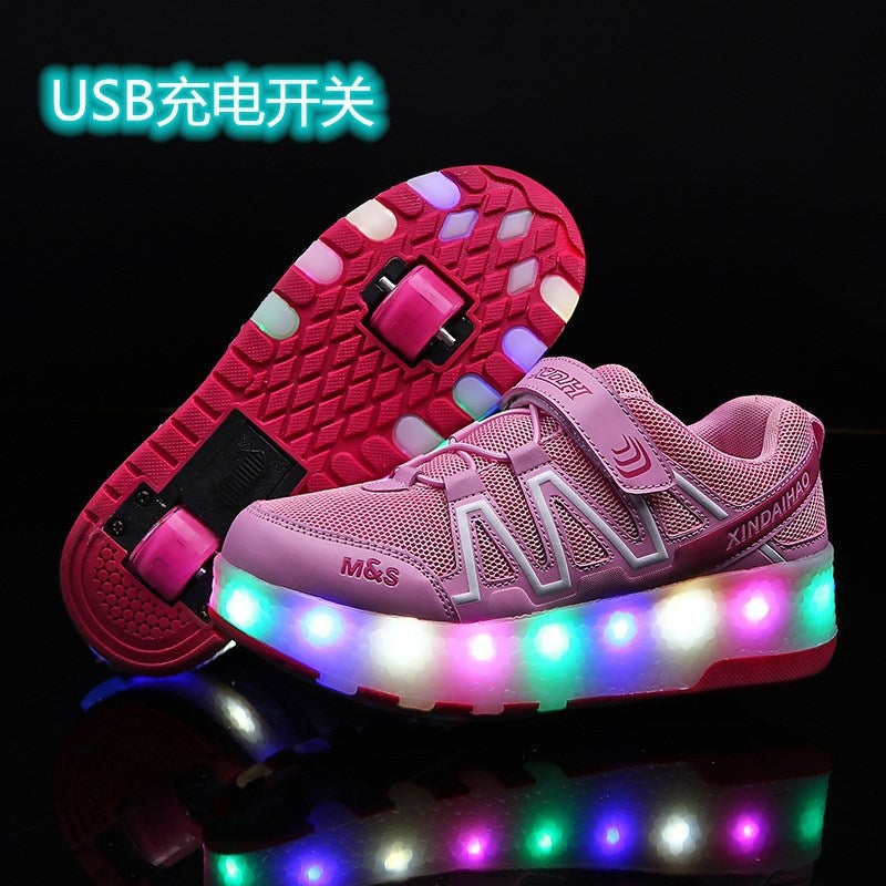 Generic Childrens two-wheel USB charging cycle heelloom shoes USB colorful lights roller shoes boys and girls roller shoes wholesale B81 Pink 
