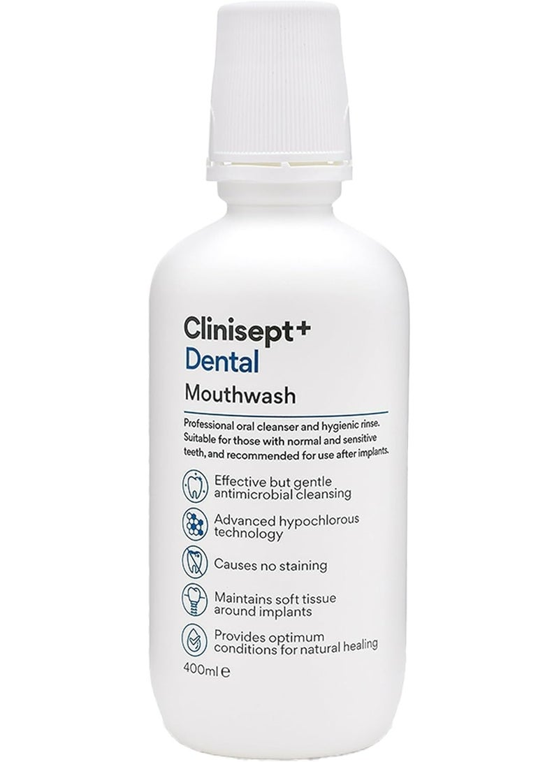 Clinisept+ Professional Hygienic Mouth Rinse Antimicrobial, Neutral Ph, Alcohol Free Mouthwash Suitable for Sensitive Teeth and Gums, Clear, 400 ml - Image 1