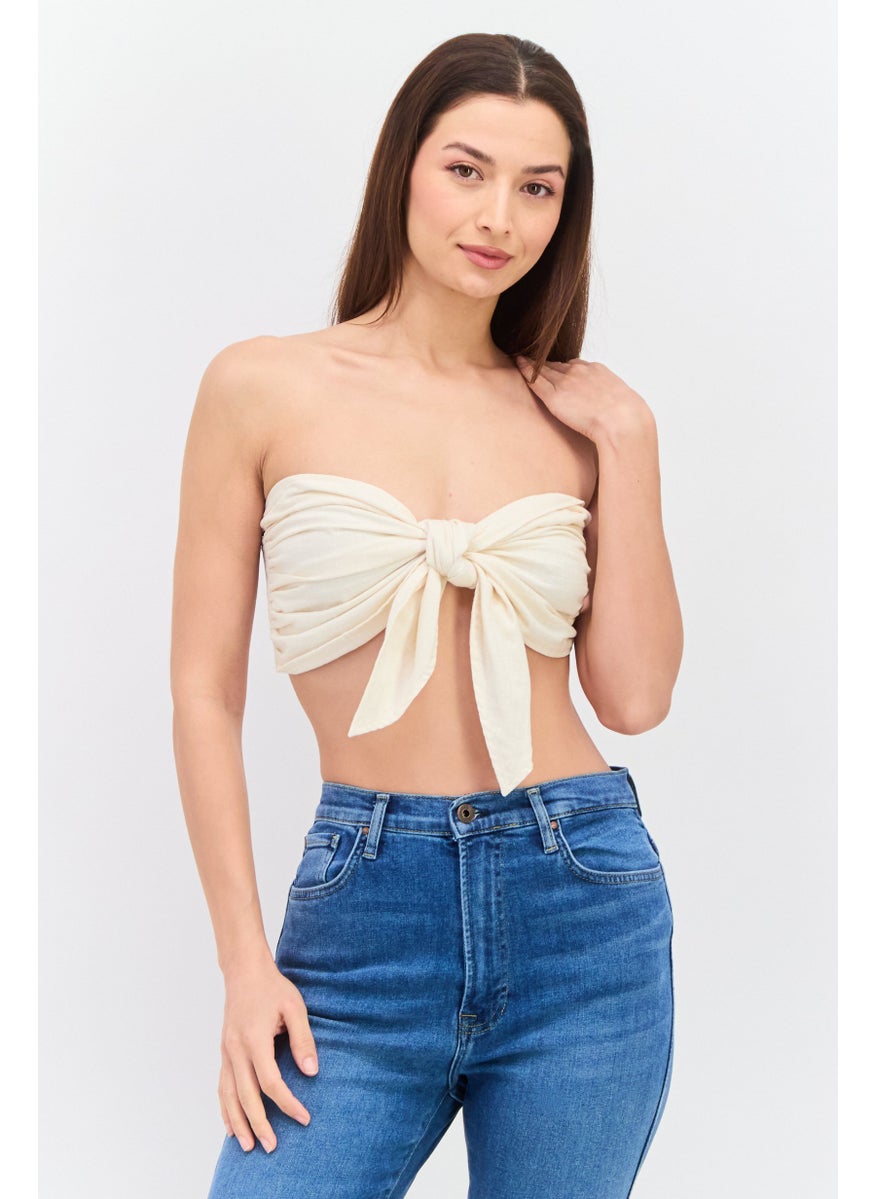 Missguided Women Tie Front Strapless Plain Tube Top, Cream  - Image 1