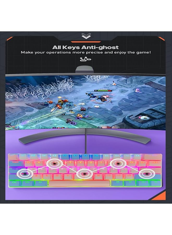 61 Keys Rgb Gaming Keyboard 60% Mini Wired Waterproof With Anti Ghosting Keyboard And Three Color Keycaps With Red Switch For Gamers(White Blue And Light Pink) - Image 3