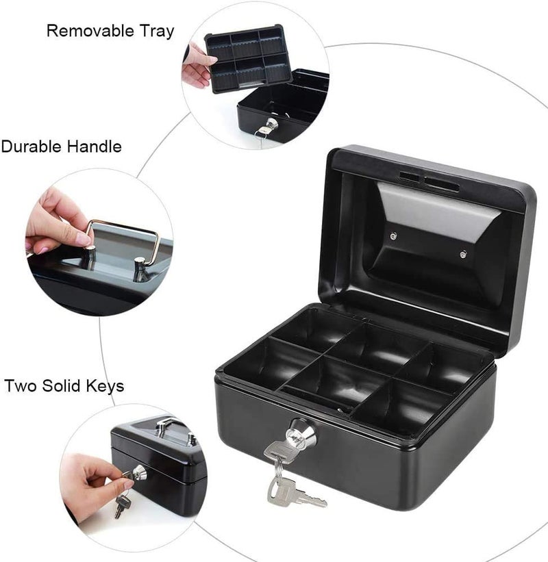 Delzon Metal Cash And Jewellery Safty Box with Removable Coin Tray and Key Lock Portable Safe Box Carrying Handle, Storage For Valuables – Black (Medium) - Image 4