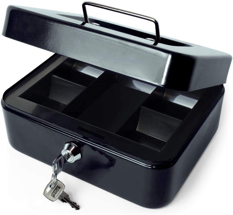 Delzon Metal Cash And Jewellery Safty Box with Removable Coin Tray and Key Lock Portable Safe Box Carrying Handle, Storage For Valuables – Black (Medium) - Image 3