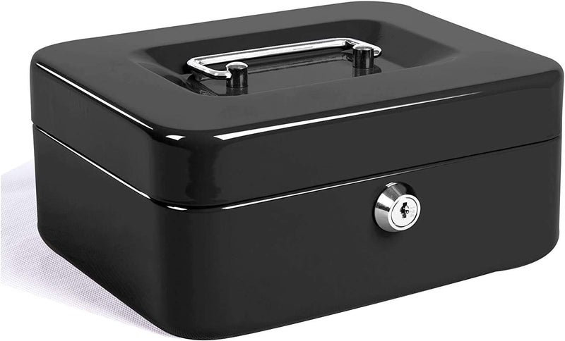 Delzon Metal Cash And Jewellery Safty Box with Removable Coin Tray and Key Lock Portable Safe Box Carrying Handle, Storage For Valuables – Black (Medium) - Image 5