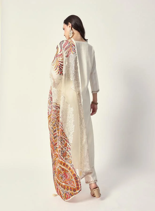 ISHIN Women's Off White Rayon Textured Tunic Full Palazzo Regular Fit Kurta Set