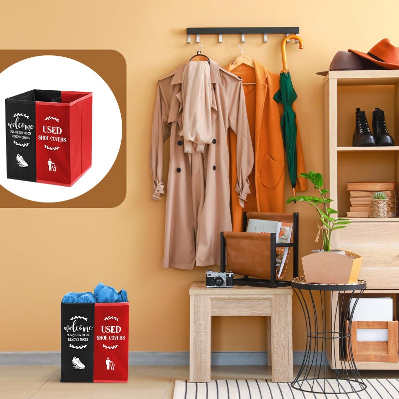 Singhoow Shoe Cover Box Dispenser Foldable Storage Bin Holder with Used Shoe Covers and Welcome Please or Remove Sign for Open House Supplies(Black, Red) - Image 5