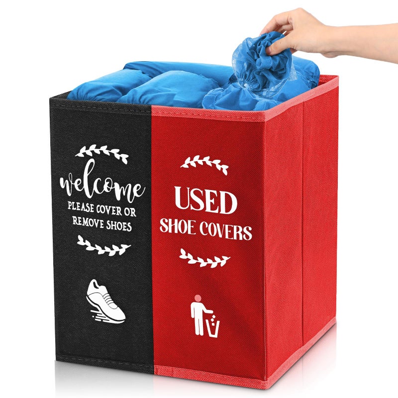 Singhoow Shoe Cover Box Dispenser Foldable Storage Bin Holder with Used Shoe Covers and Welcome Please or Remove Sign for Open House Supplies(Black, Red) - Image 1