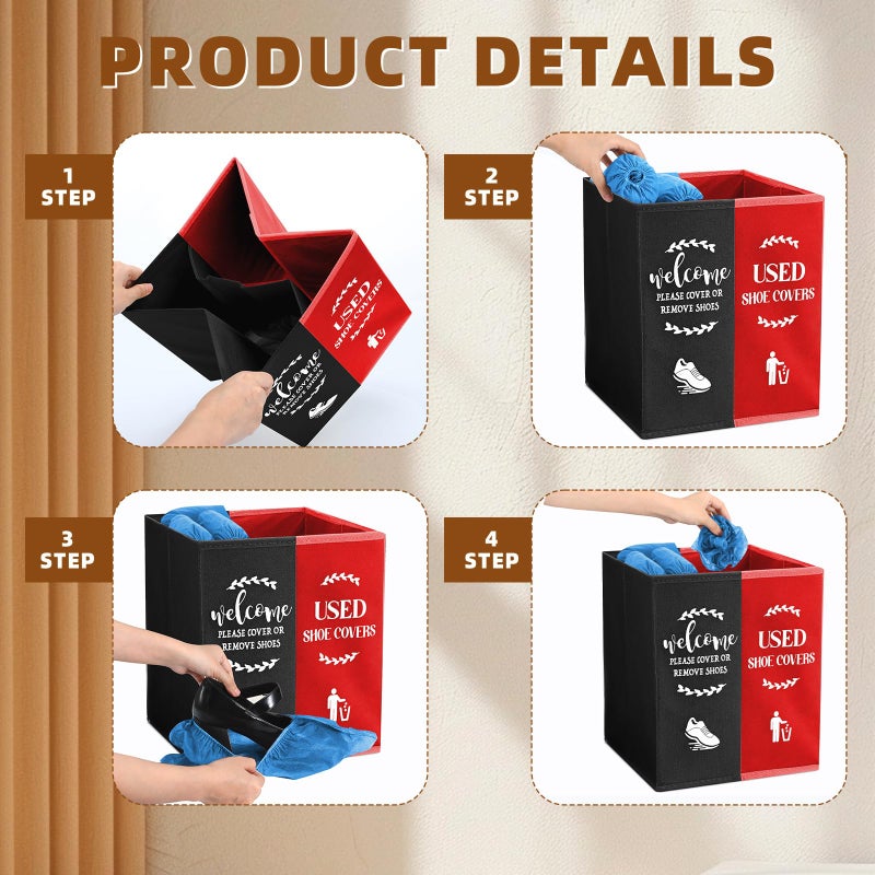 Singhoow Shoe Cover Box Dispenser Foldable Storage Bin Holder with Used Shoe Covers and Welcome Please or Remove Sign for Open House Supplies(Black, Red) - Image 3