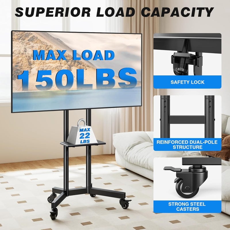 Rfiver Strong Rolling TV Stand with Shelf for 23-60 inch TVs up to 88lbs, Portable Mobile TV Cart with Silent Wheel, Tilt & Height Adjustable Universal Corner TV Stand for Bedroom (Black 32-85") - Image 2