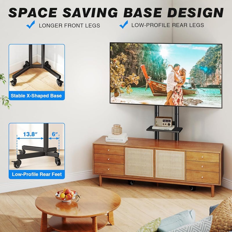 Rfiver Strong Rolling TV Stand with Shelf for 23-60 inch TVs up to 88lbs, Portable Mobile TV Cart with Silent Wheel, Tilt & Height Adjustable Universal Corner TV Stand for Bedroom (Black 32-85") - Image 5