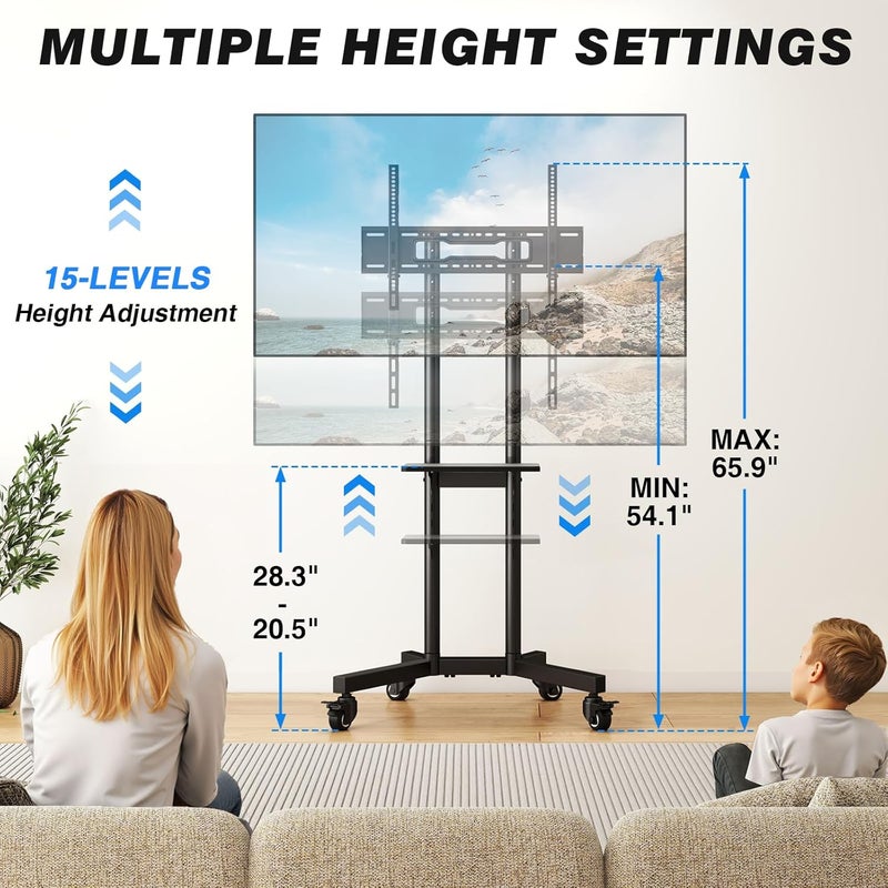 Rfiver Strong Rolling TV Stand with Shelf for 23-60 inch TVs up to 88lbs, Portable Mobile TV Cart with Silent Wheel, Tilt & Height Adjustable Universal Corner TV Stand for Bedroom (Black 32-85") - Image 4