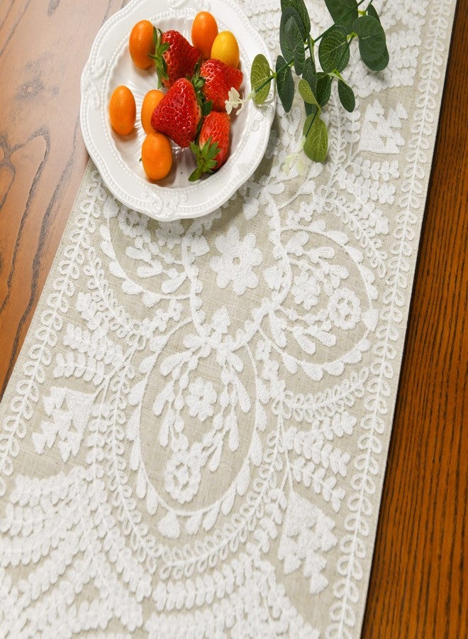 KEVA Boho Table Runner 91inches Long with Hand-Made Wooden Beads Tassel, Farmhouse Rustic Vintage White Embroidered Table Runners 13x91 Inch for Dining Table Decorations - Image 3