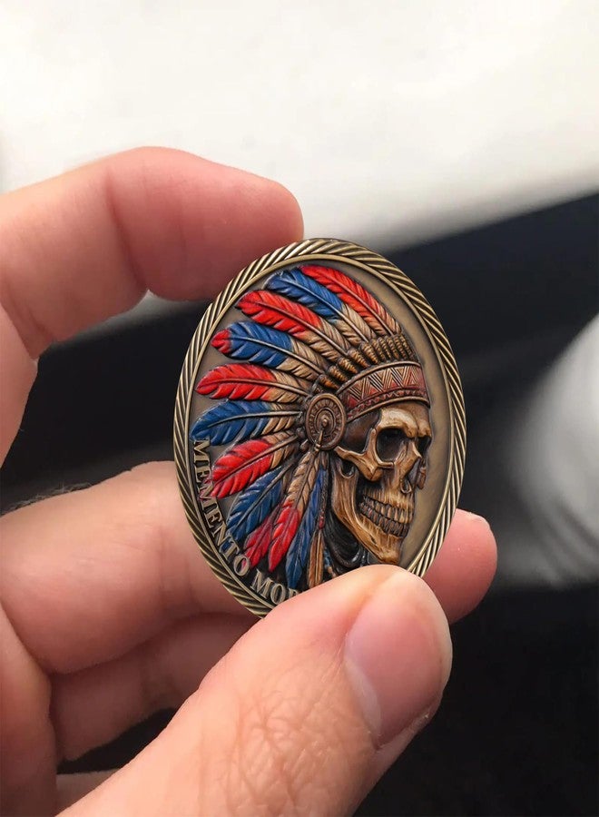 Imasoner Memento Mori Tempus Fugit Challenge Coin - Native American Skull with Headdress & Dreamcatcher, Red Blue Feathers 3D Inspirational Token, Motivational Philosophy Coin Gift for Men & Women - Image 2