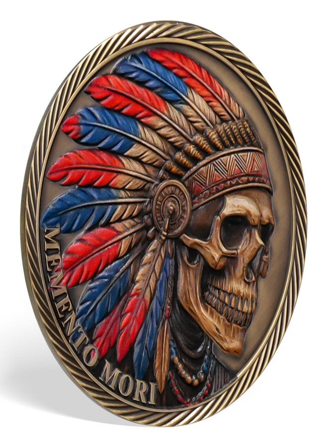 Imasoner Memento Mori Tempus Fugit Challenge Coin - Native American Skull with Headdress & Dreamcatcher, Red Blue Feathers 3D Inspirational Token, Motivational Philosophy Coin Gift for Men & Women - Image 4