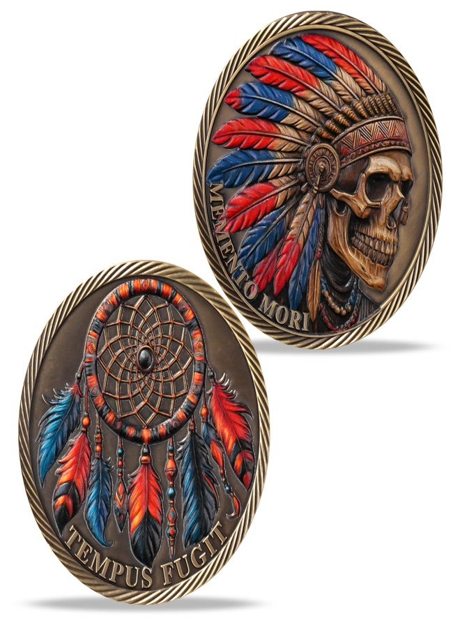 Imasoner Memento Mori Tempus Fugit Challenge Coin - Native American Skull with Headdress & Dreamcatcher, Red Blue Feathers 3D Inspirational Token, Motivational Philosophy Coin Gift for Men & Women - Image 1