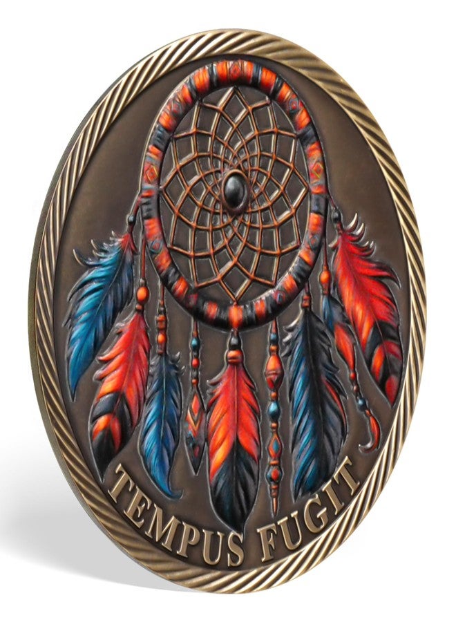 Imasoner Memento Mori Tempus Fugit Challenge Coin - Native American Skull with Headdress & Dreamcatcher, Red Blue Feathers 3D Inspirational Token, Motivational Philosophy Coin Gift for Men & Women - Image 5