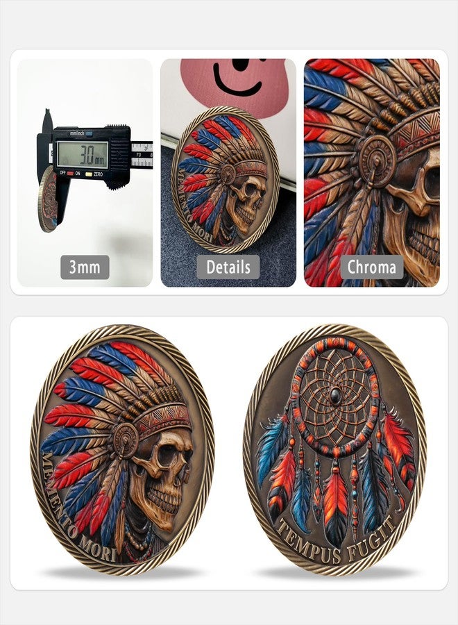 Imasoner Memento Mori Tempus Fugit Challenge Coin - Native American Skull with Headdress & Dreamcatcher, Red Blue Feathers 3D Inspirational Token, Motivational Philosophy Coin Gift for Men & Women - Image 3