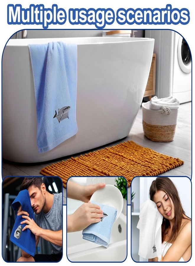 VitalCozy مجموعة مناشف حمام فيتال كوزي مكونة من 3 قطع، مطرزة برسومات أسماك القرش، مثالية لفصل الصيف، مصنوعة من القطن، مقاس 13.4 × 29 بوصة، بتصميم عصري مستوحى من حيوانات البحر والشاطئ، هدية رائعة لمحبي البحر. - Image 3